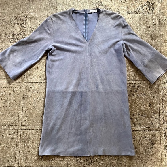 VINCE Lamb Leather/Suede V-Neck Shift Dress In Light Blue Size XS - Picture 10 of 12